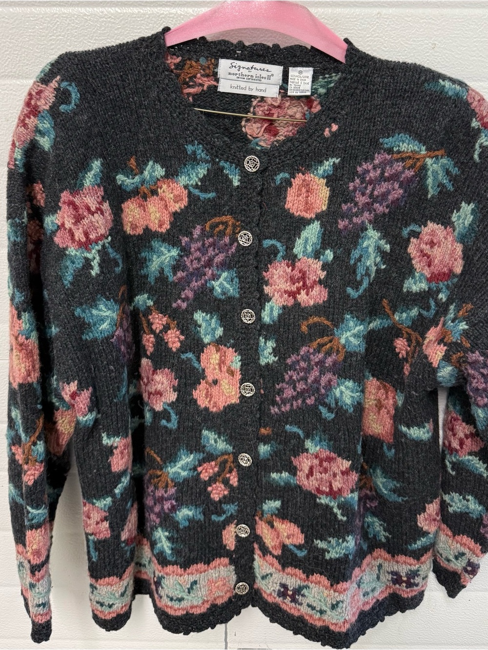 Signatures by Northern Isles Wool Dark Gray Floral Cardigan with Pink & Teal